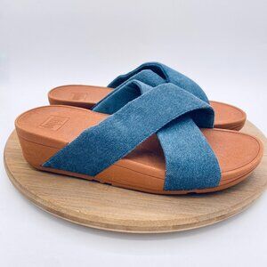 Fitflop Lulu Sandals Womens 8 Blue Leather Denim Crisscross Straps Recovery